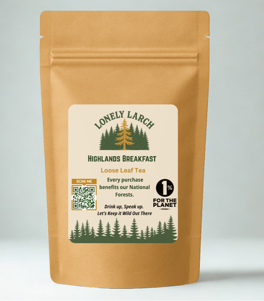 Tea package with 'Lonely Larch' branding on a light gray background